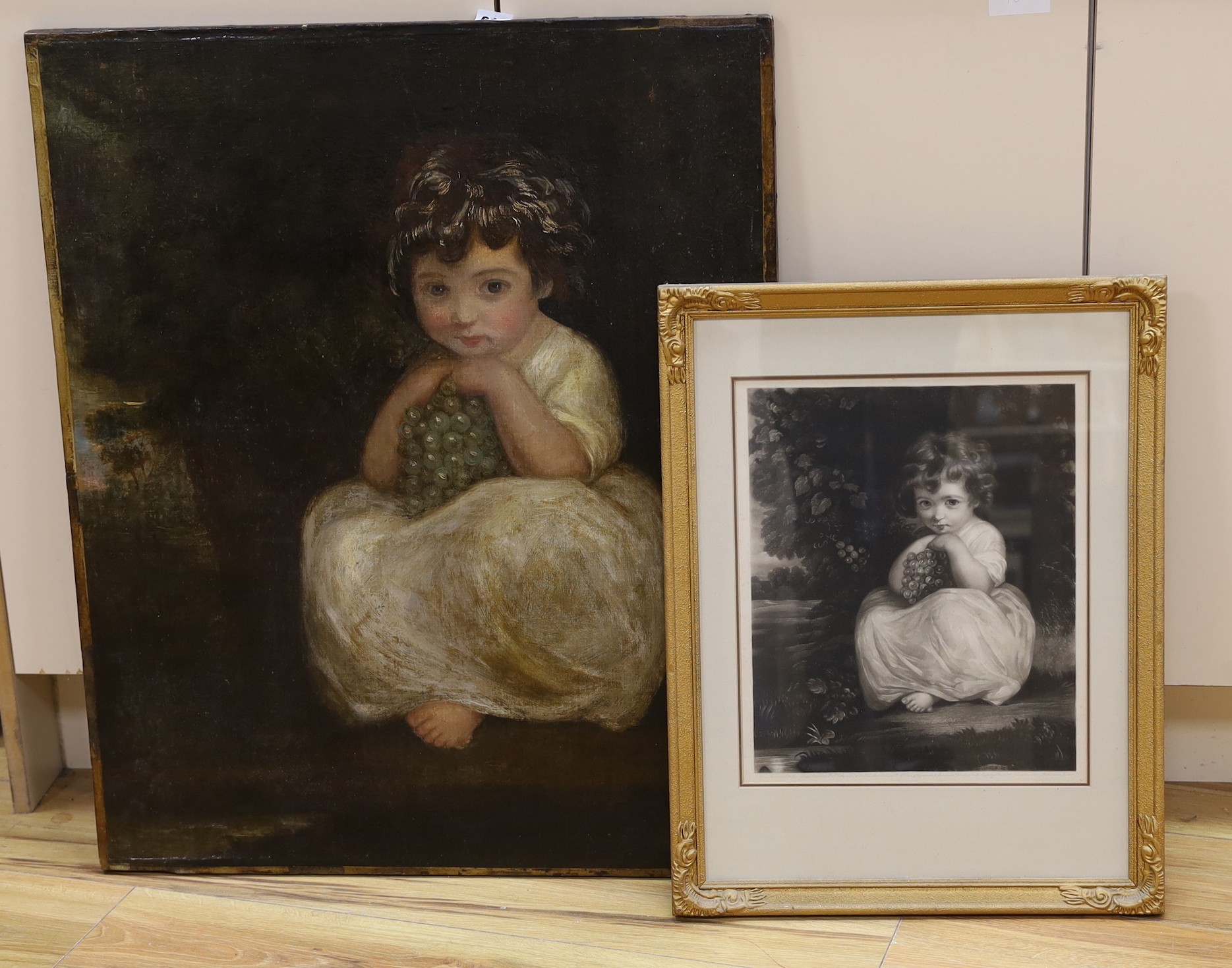 After Sir Joshua Reynolds (1723-1792), oil on canvas, Seated girl with grapes, 77 x 64cm, unframed, together with a mezzotint of the same subject
